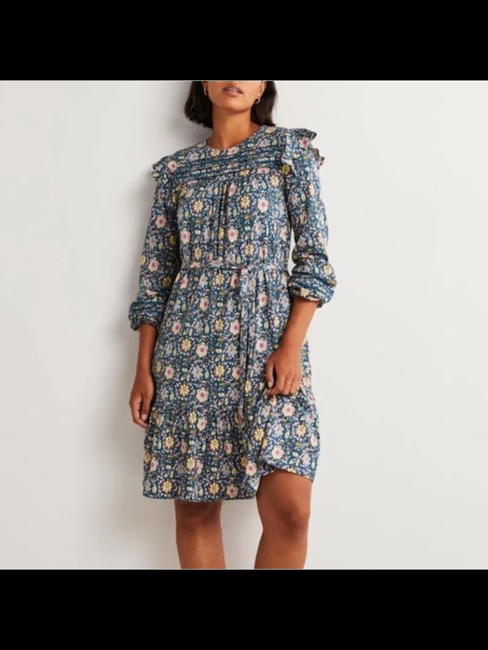 Boden Floral Blue Long-Sleeve Smocked Waist Dress